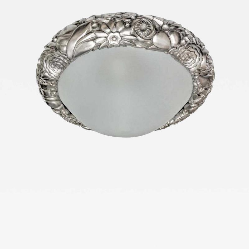 French Art Deco Cast Bronze Flower Sphere Flush Mount