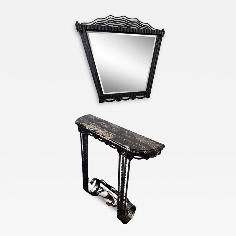 French Art Deco Console Mirror Iron and Portoro Marble Original
