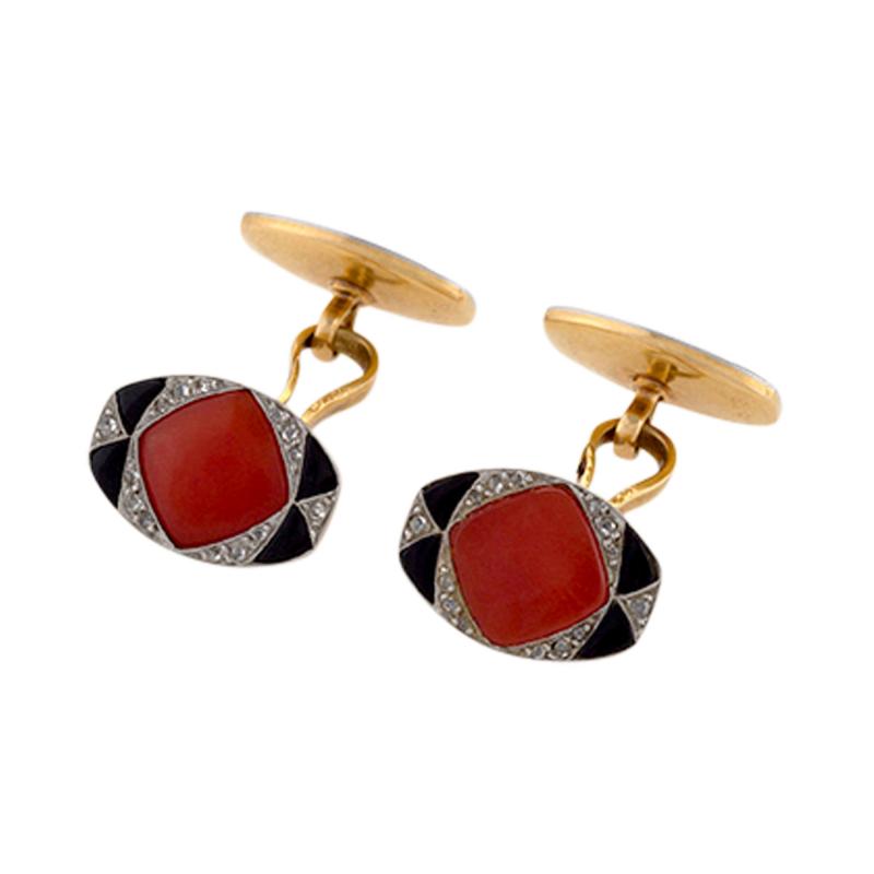 French Art Deco Coral Onyx and Diamond Cuff Links