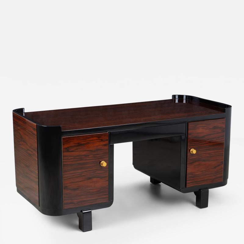 French Art Deco Executive Desk in High Gloss Macassar Ebony and Brass