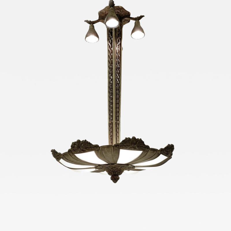 French Art Deco Frosted Glass and Bronze Pendant Chandelier 1920s