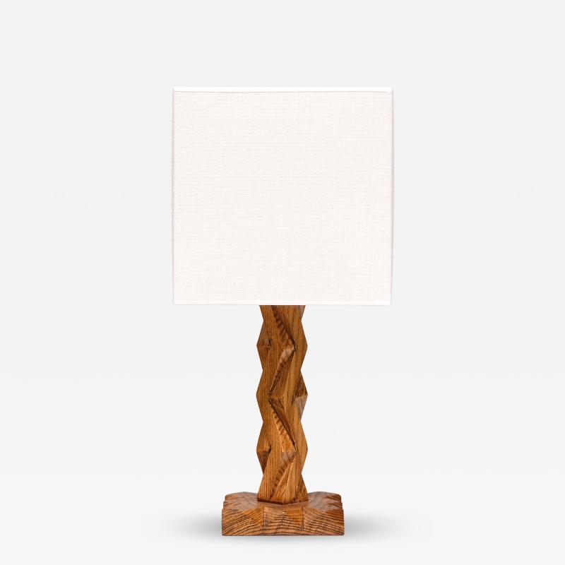 French Art Deco Geometric Oak Table Lamp with Linen Shade Late 1930s