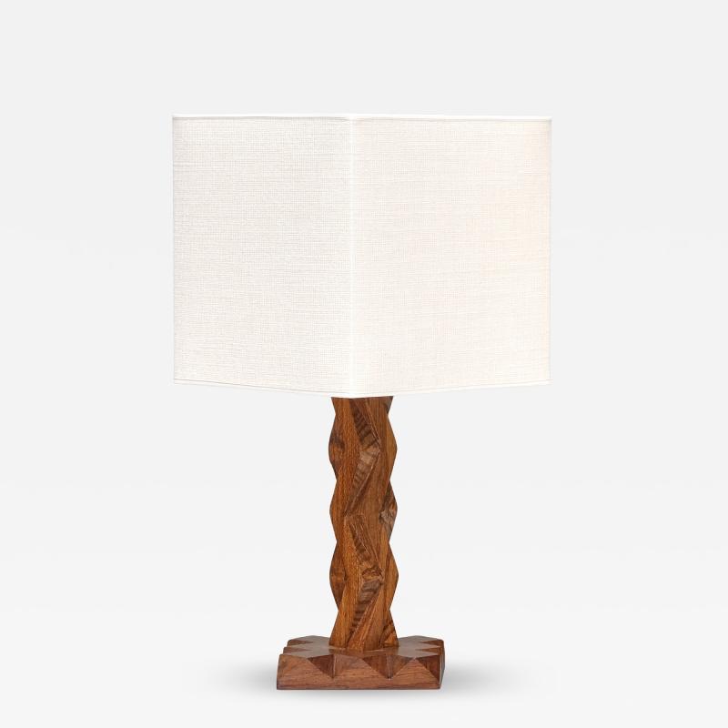 French Art Deco Geometric Oak Table Lamp with Linen Shade Late 1930s