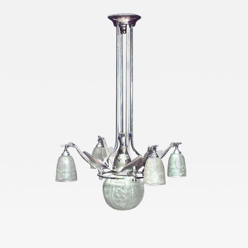 French Art Deco Glass and Chrome Heron Chandelier
