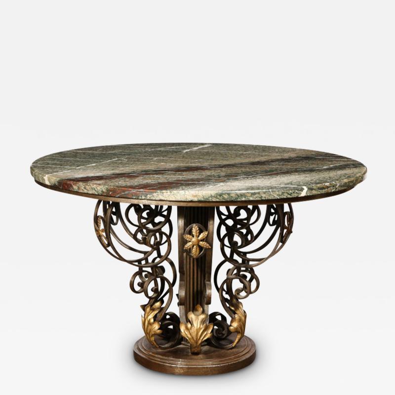 French Art Deco Hand Wrought Iron Table with Gilded Accents Exotic Marble Top