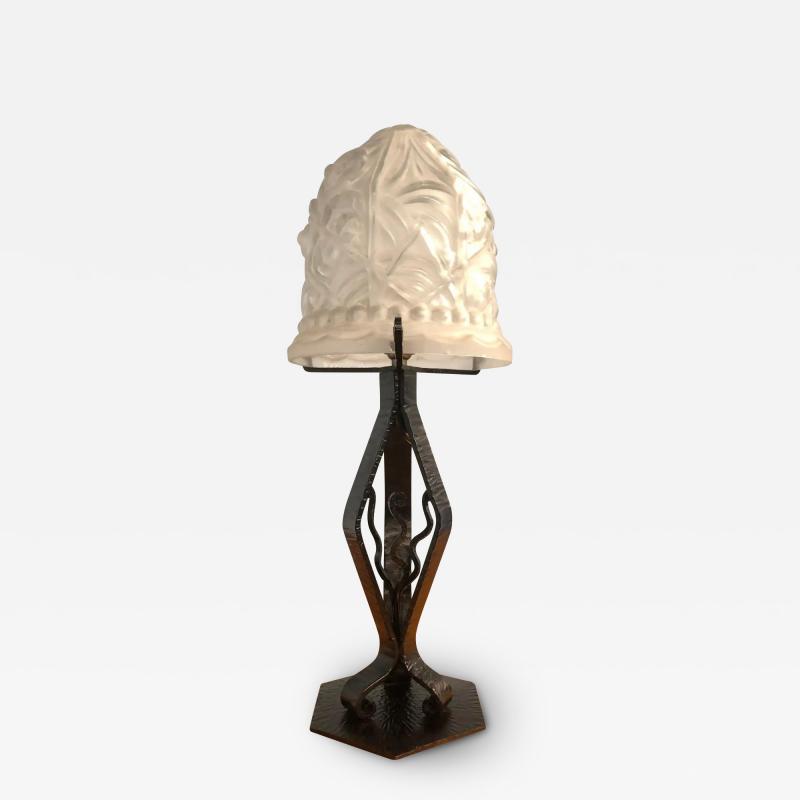 French Art Deco Lamp in Thick Molded Glass 1950s