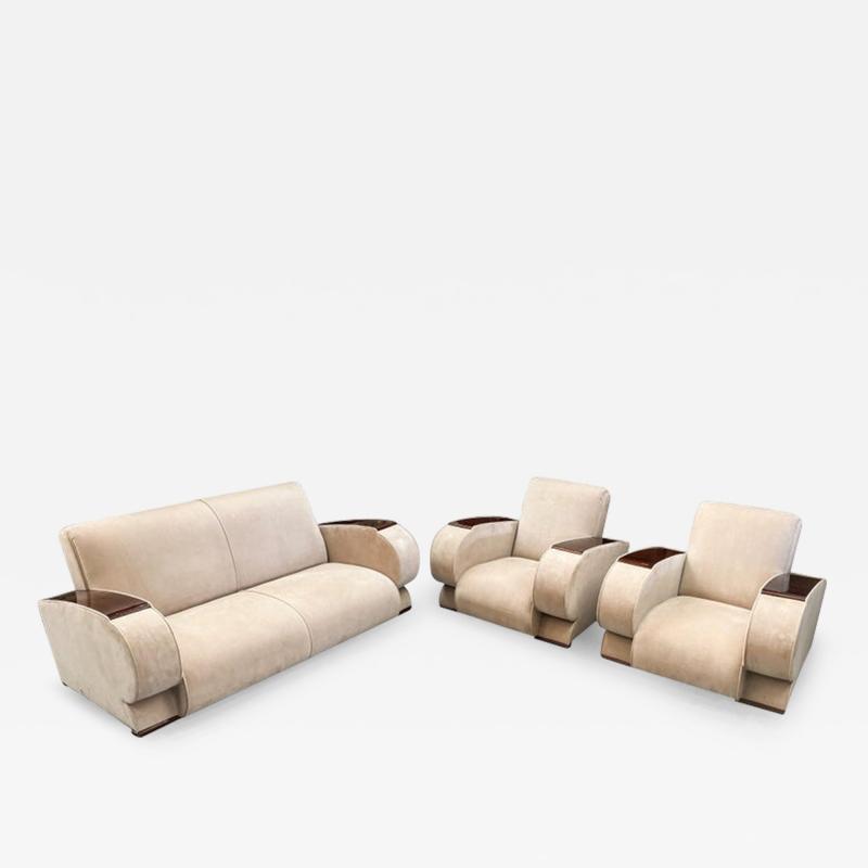 French Art Deco Living Room Set in Beige Suede Rosewood Armrests 3 Pieces