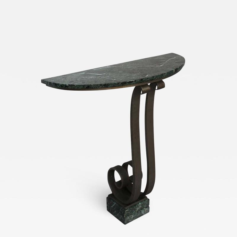 French Art Deco Marble Console with a Hammered wrought Iron Pedestal