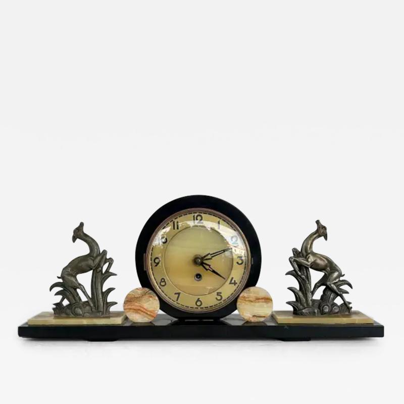 French Art Deco Marble Onyx Mantel Clock with Gazelles Signed Ucra 1930s