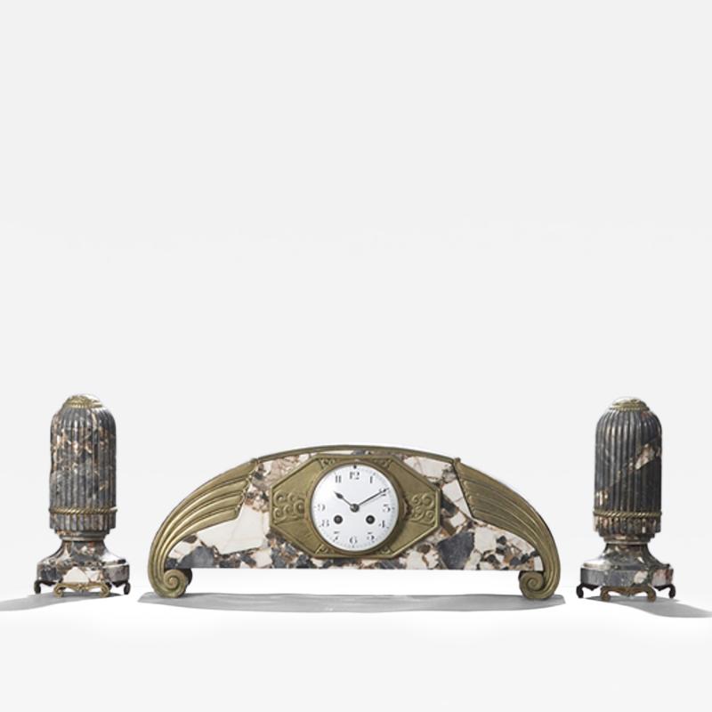 French Art Deco Marble with Bronze Details Clock Set