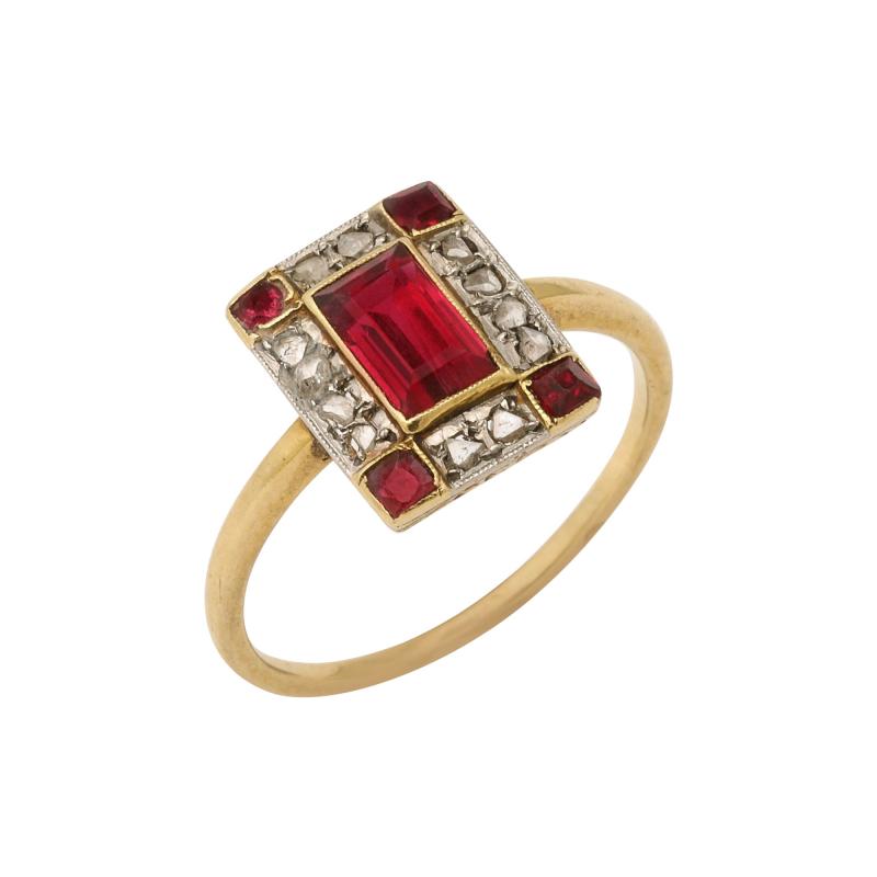 French Art Deco Natural Ruby Baguette and Diamond Ring