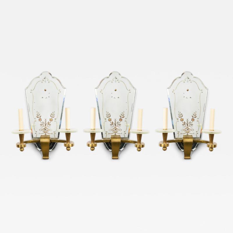 French Art Deco Ormolu and Etched Mirror Wall Sconces