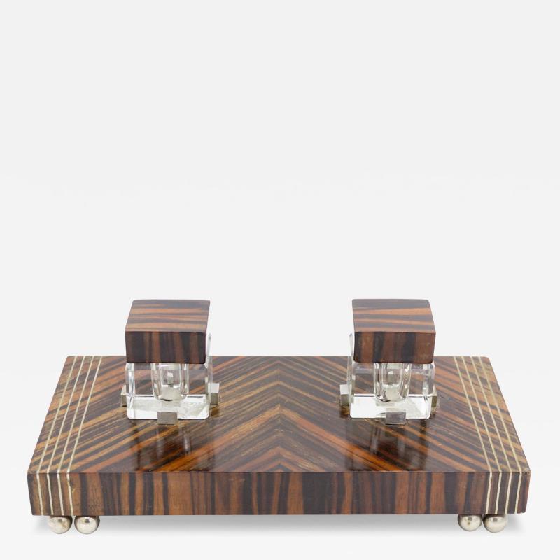 French Art Deco Palisander and Pewter Inkwell