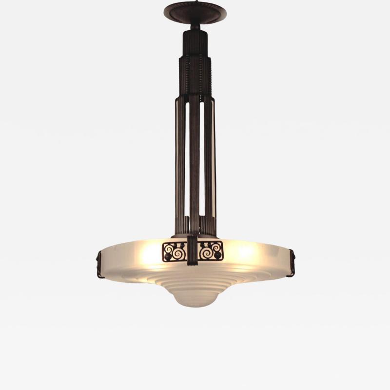French Art Deco Pendant Chandelier Wrought Iron Frosted Glass 1928