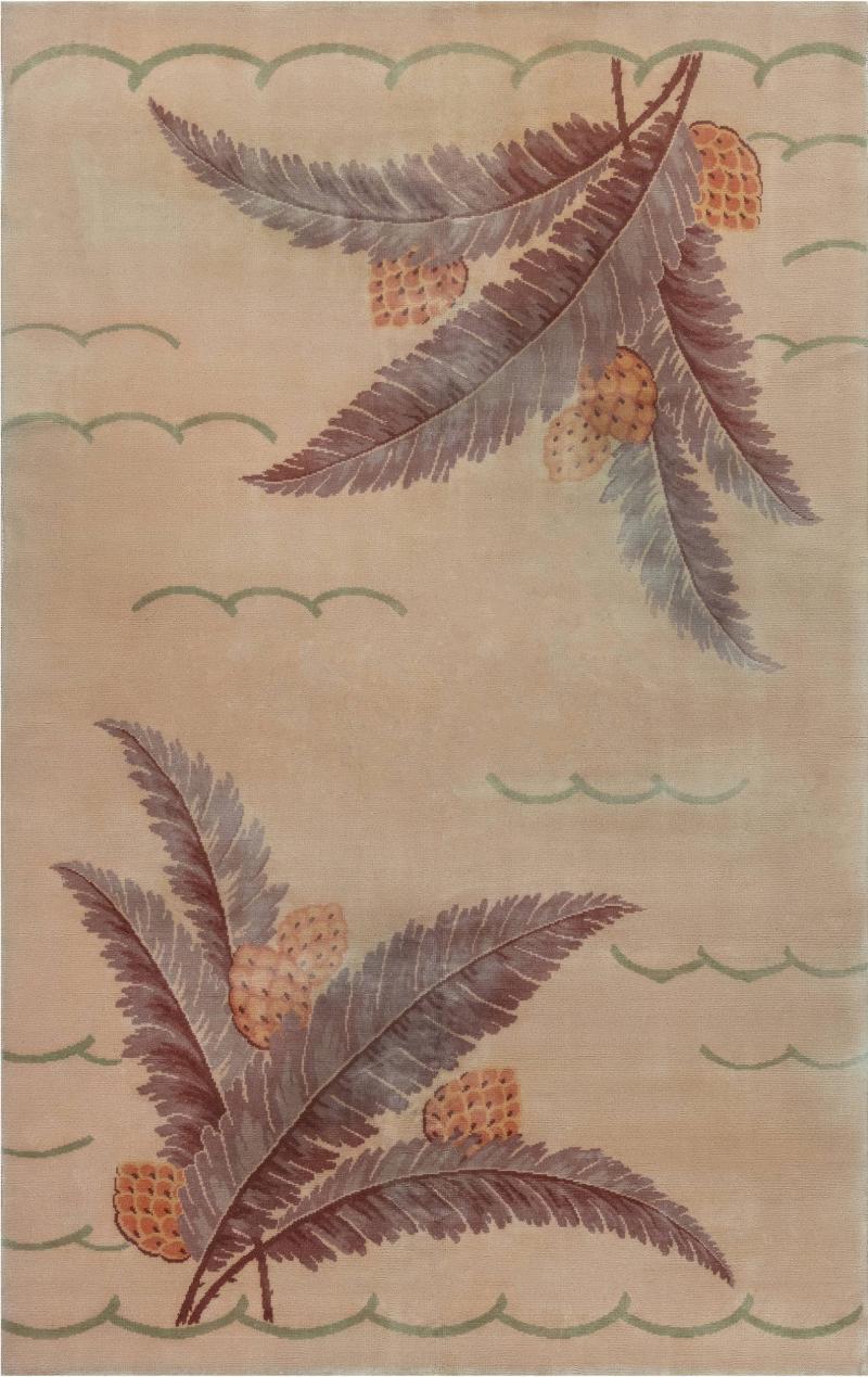 French Art Deco Pine Cone Design on Beige Background Handmade Wool Rug