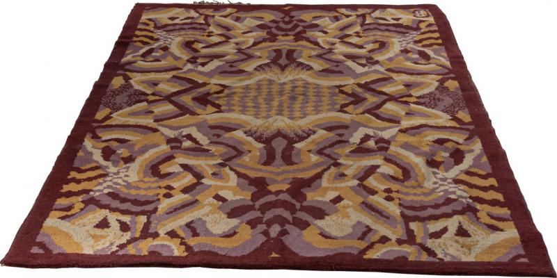 French Art Deco Purple and Beige Patterned Rug