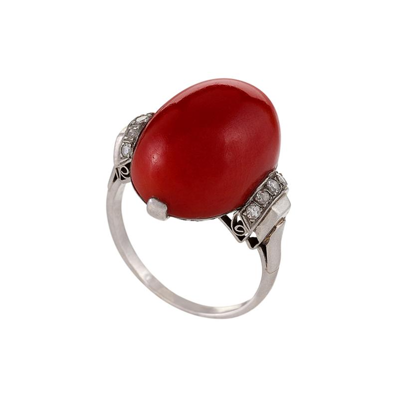 French Art Deco Red Coral Diamond and Platinum Ring