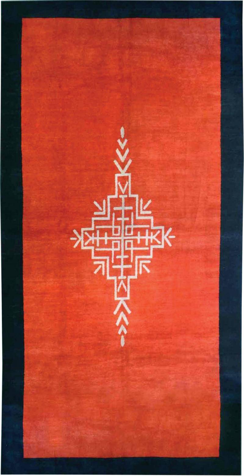 French Art Deco Red Rug with Navy Border and Ivory Central Medallion