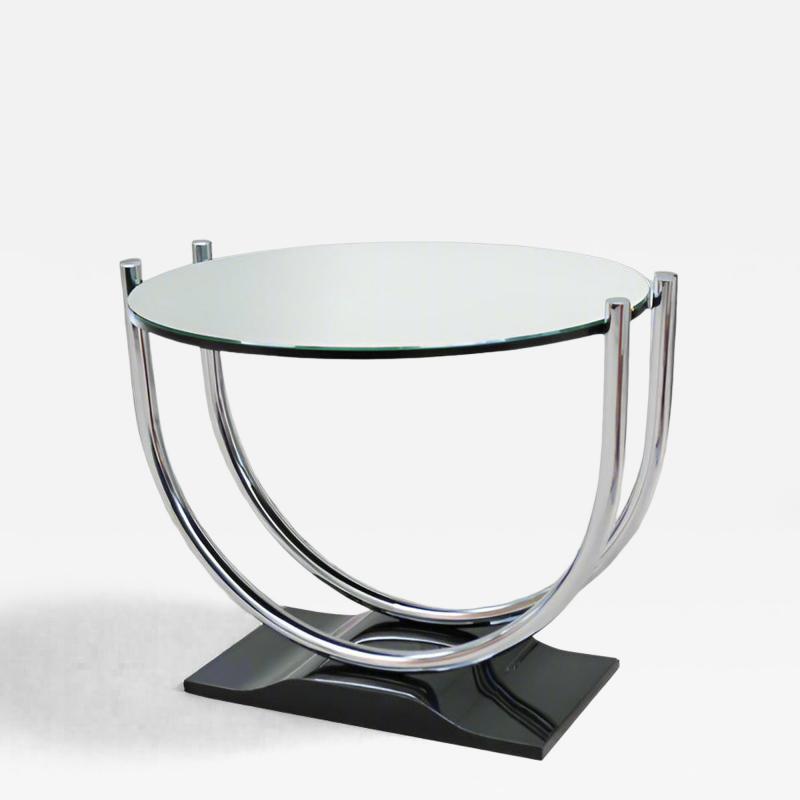 French Art Deco Round Chrome Black Side Table 1930