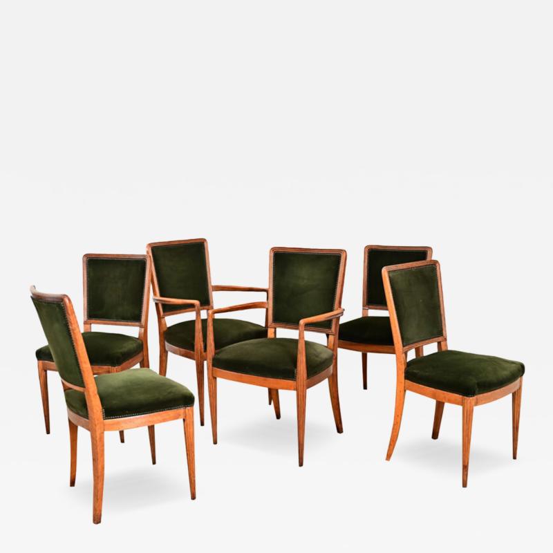 French Art Deco Set of Six Olivewood and Velvet Dining Chairs