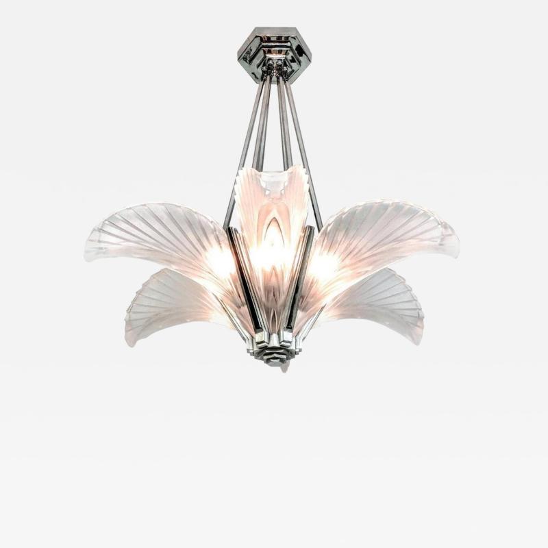 French Art Deco Six Panels Feather Pendant Chandelier