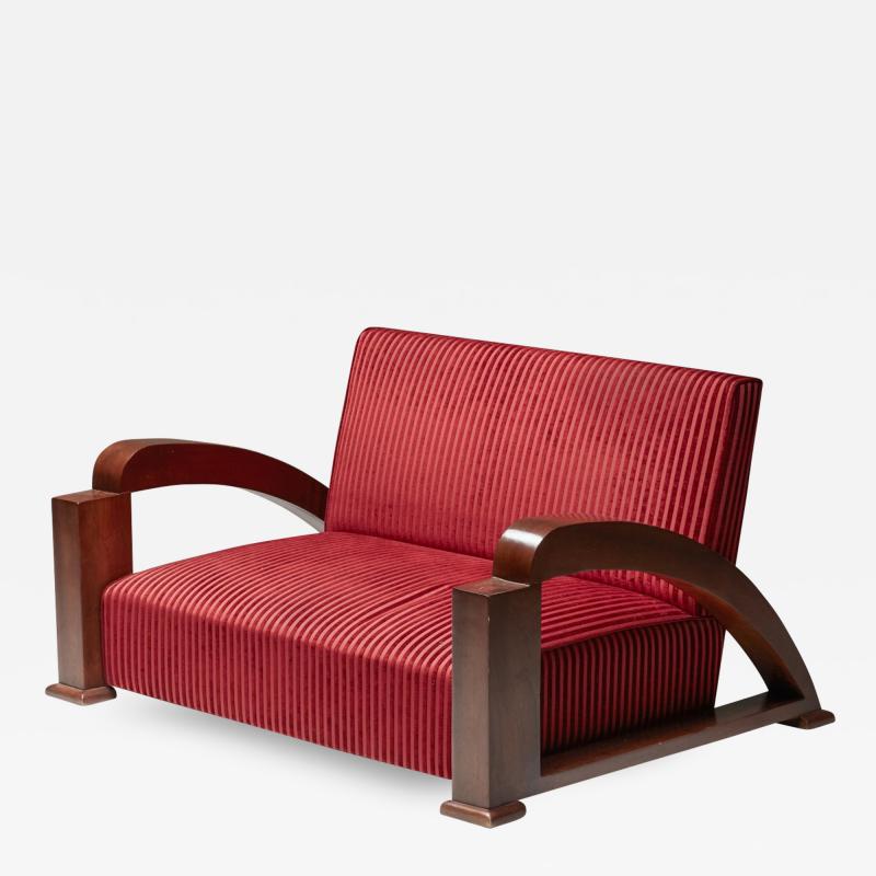 French Art Deco Sofa in Red Striped Velvet and with Swoosh Armrests 1940s