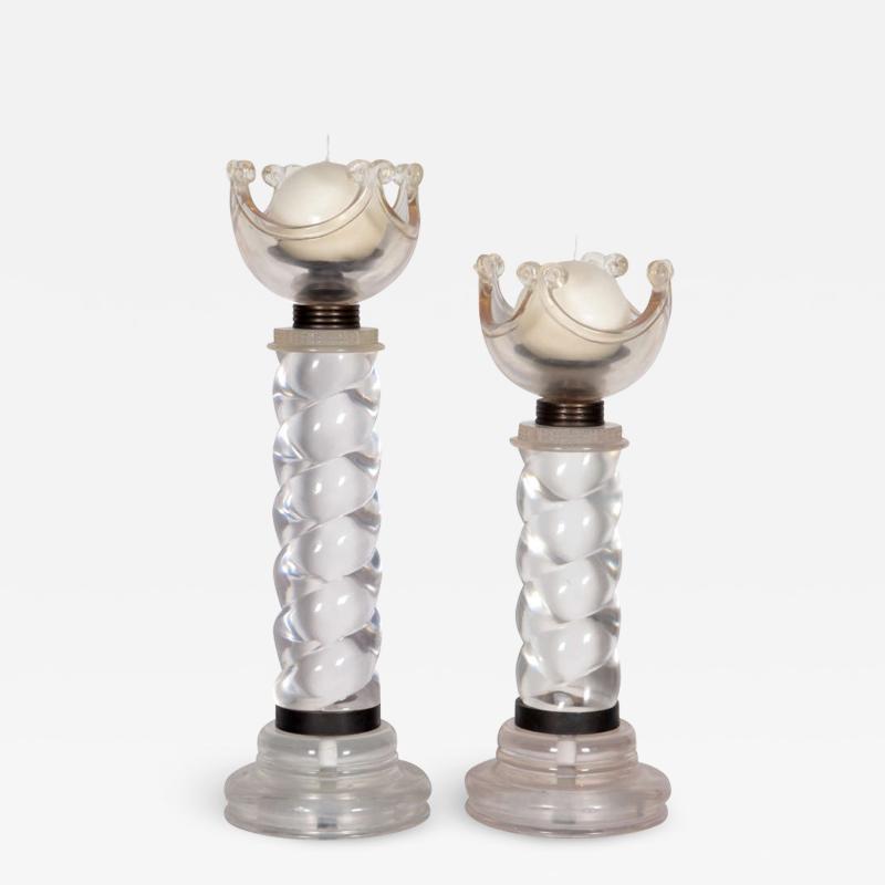 French Art Deco Solid Lucite Spiral Candlesticks