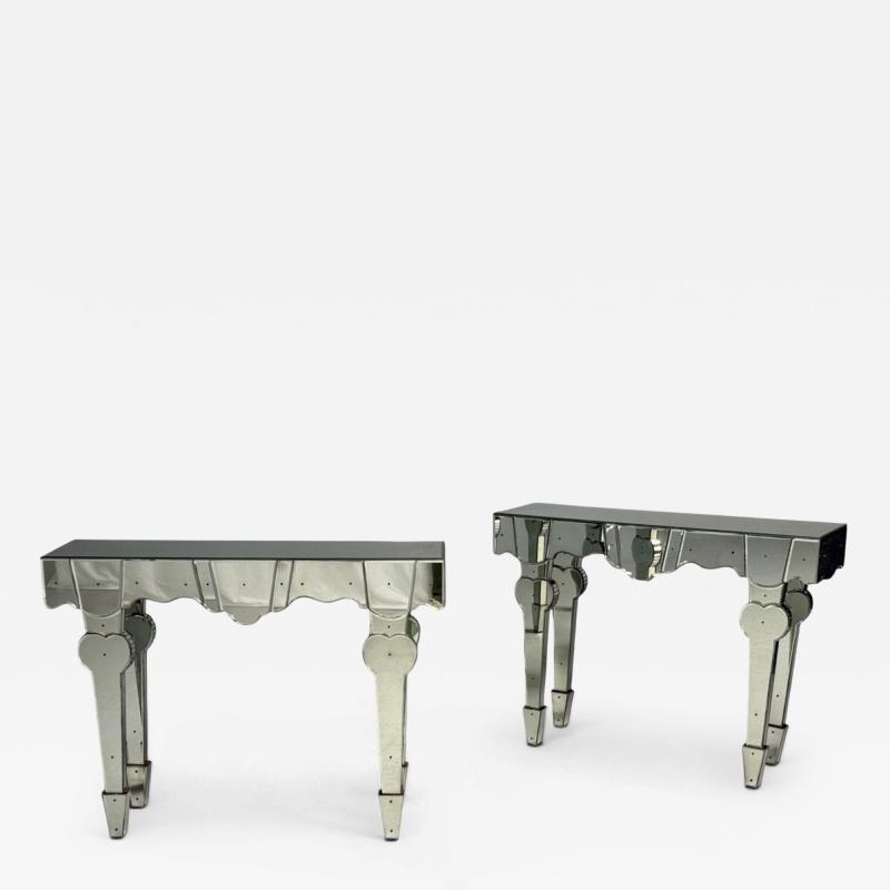 French Art Deco Style Antique Glass Painted Wood Mirrored Console Tables