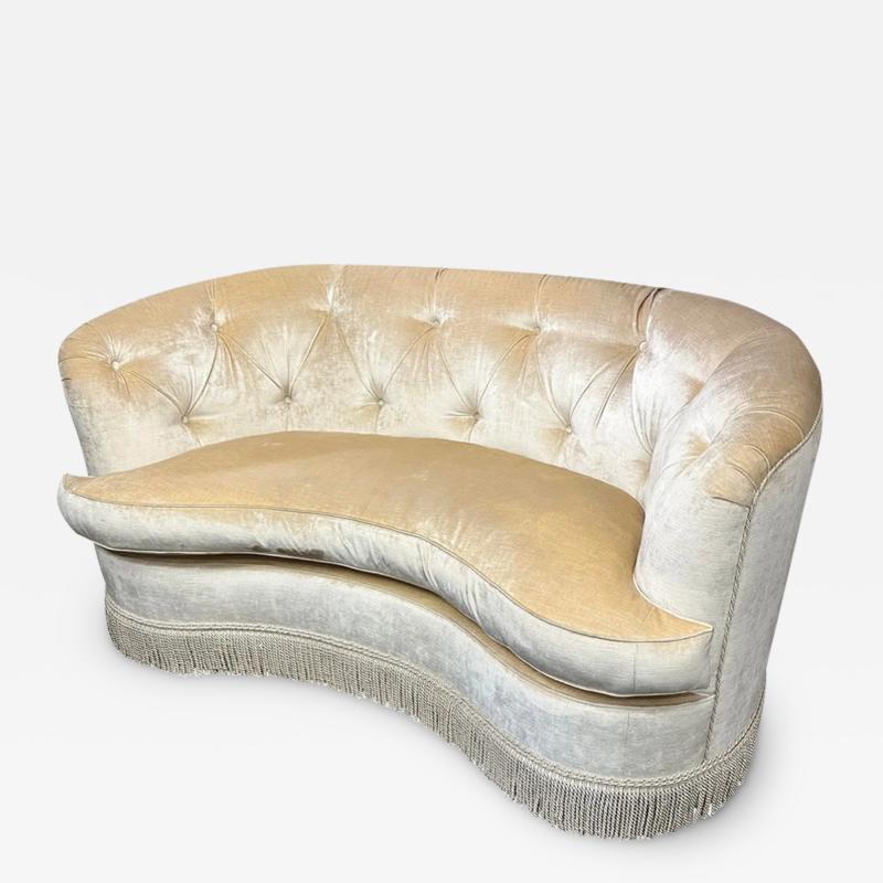 French Art Deco Style Curved Silk Velvet Tufted Sofa Settee