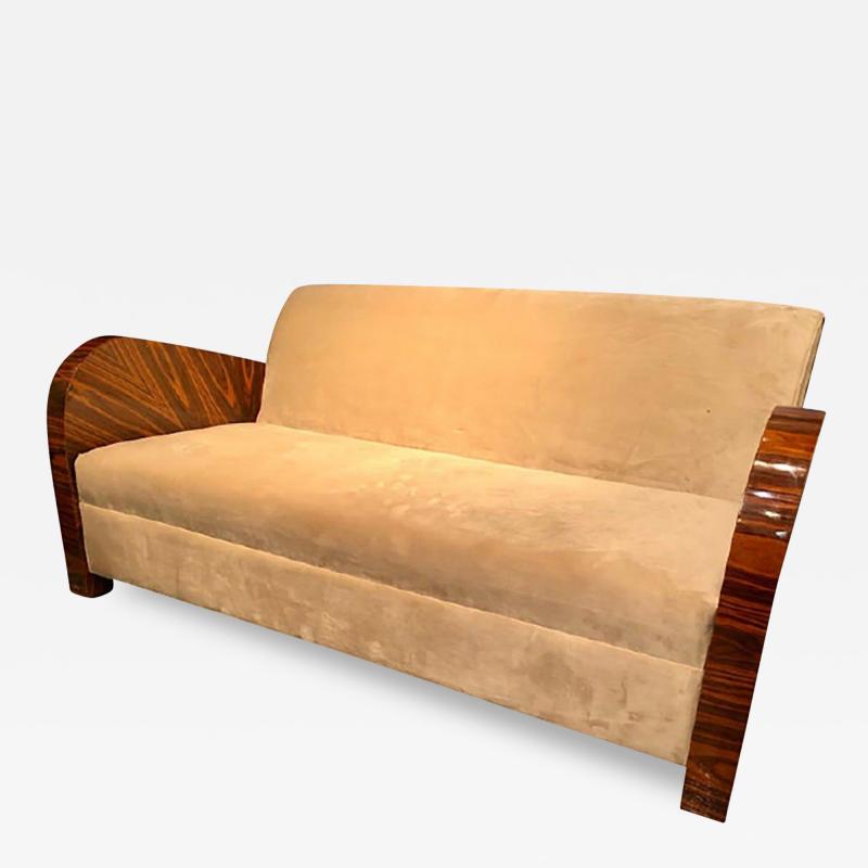 French Art Deco Style Rosewood Sofa Couch Lacquered Rosewood Velour Upholstery