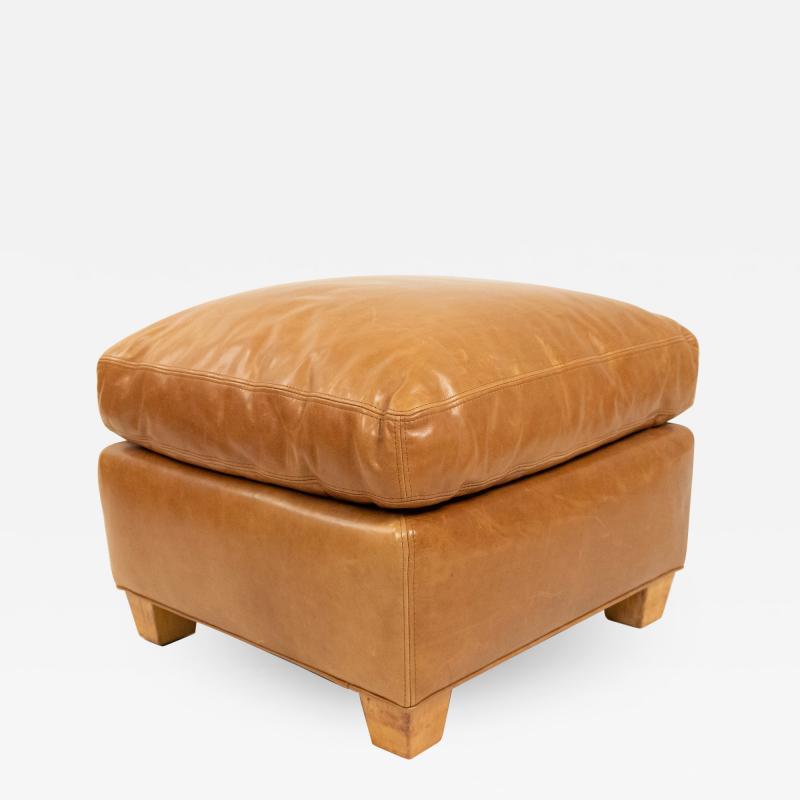 French Art Deco Style Tan Leather Square Ottoman