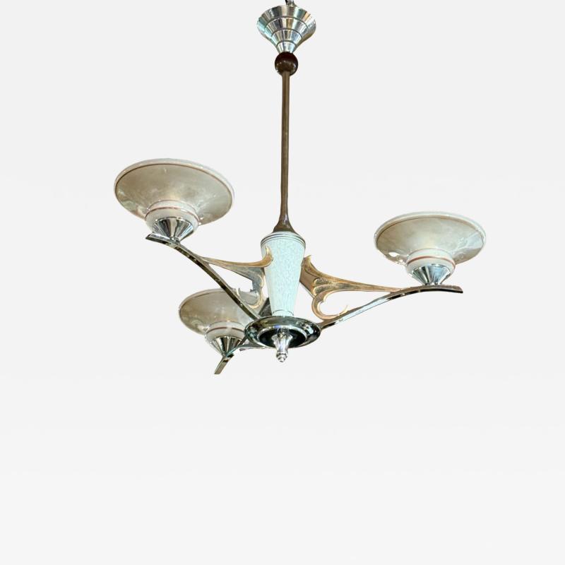 French Art Deco Three Arm Chandelier w Original Glass and Sculptural Metalwork