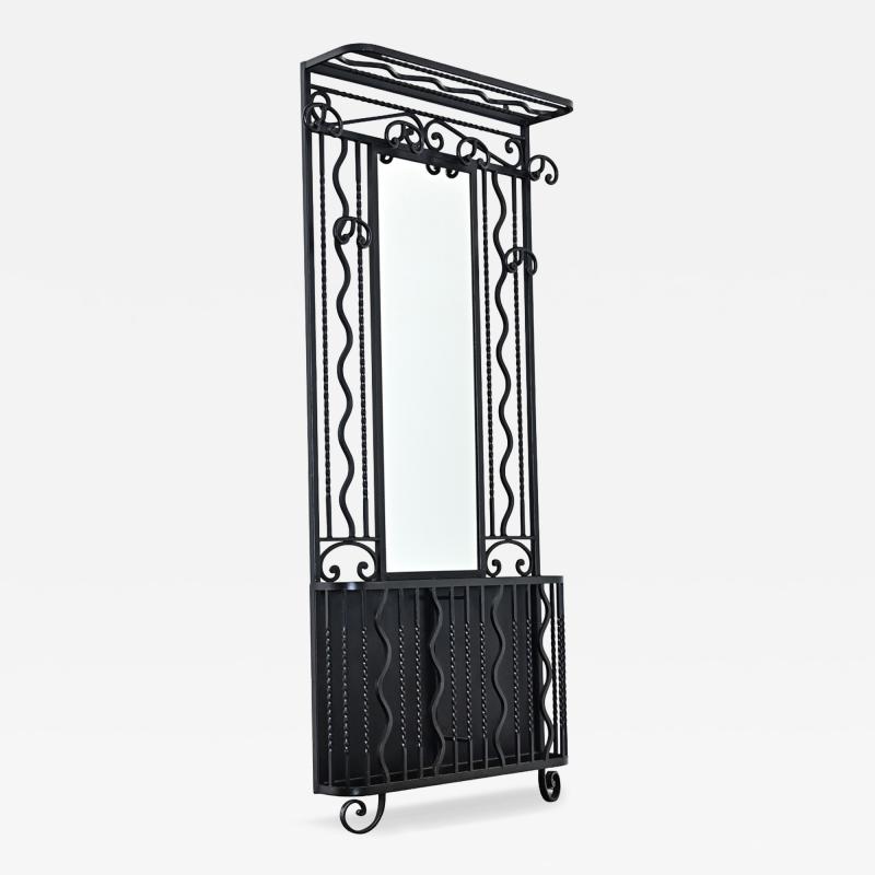 French Art Deco Wrought Iron Hall Tree with Mirror