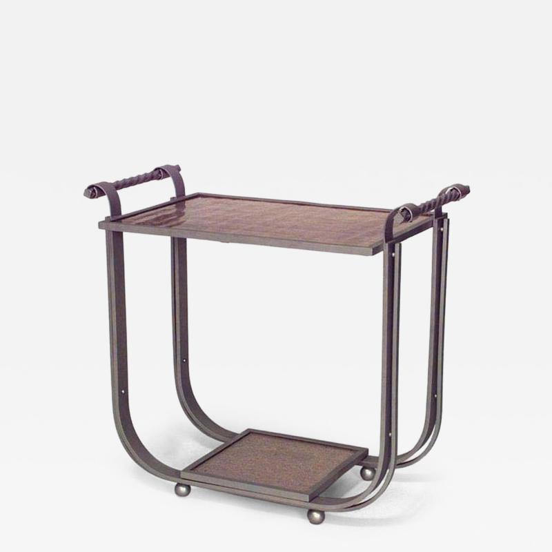 French Art Deco aluminum 2 tier tea table with copper colored glass