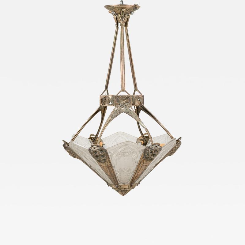 French Art Deco chandelier with 6 flared frosted geometric glass shades