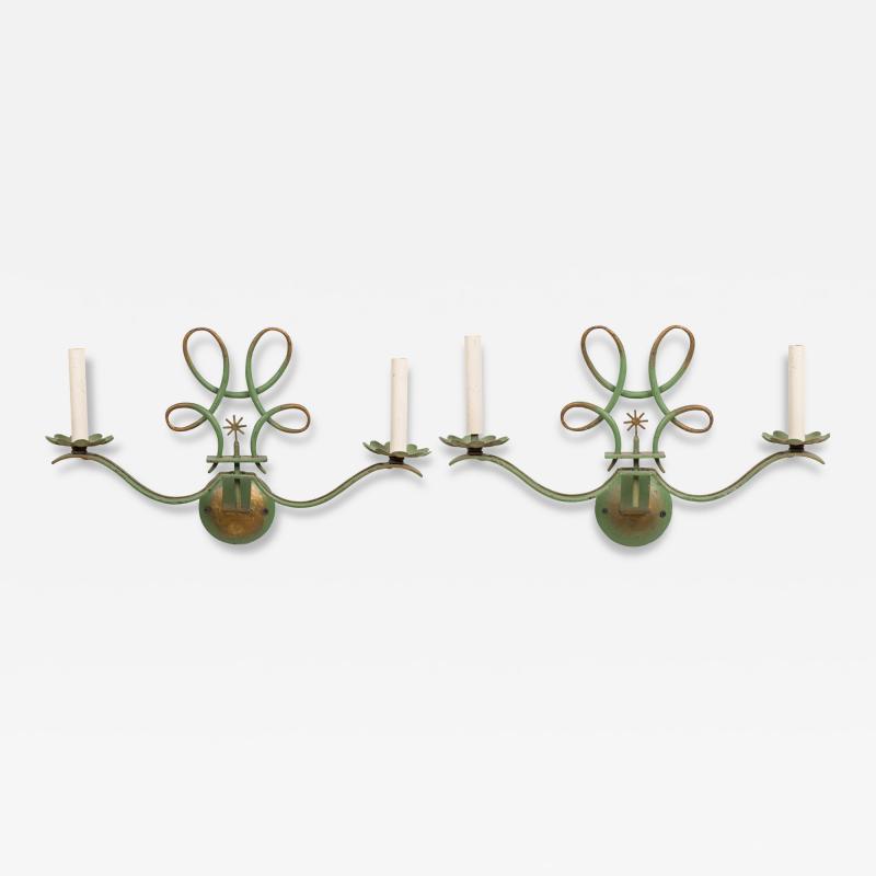 French Art Deco green patina metal sconces pair with 2 scroll arms