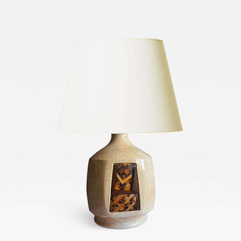 French Art Deco table lamp inlaid with a very fine geometric marquetry panel