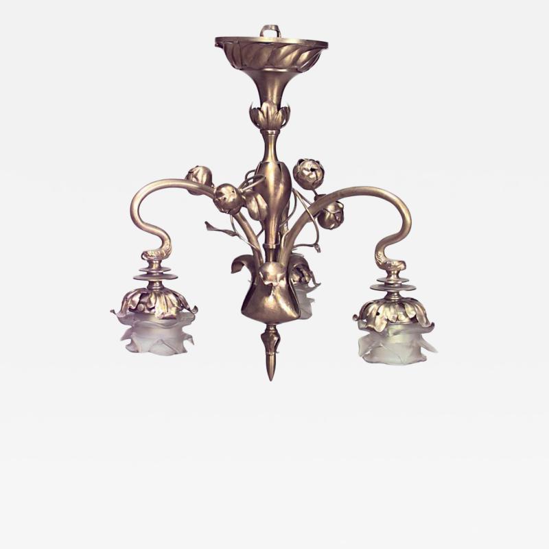 French Art Nouveau Brass Floral Chandelier