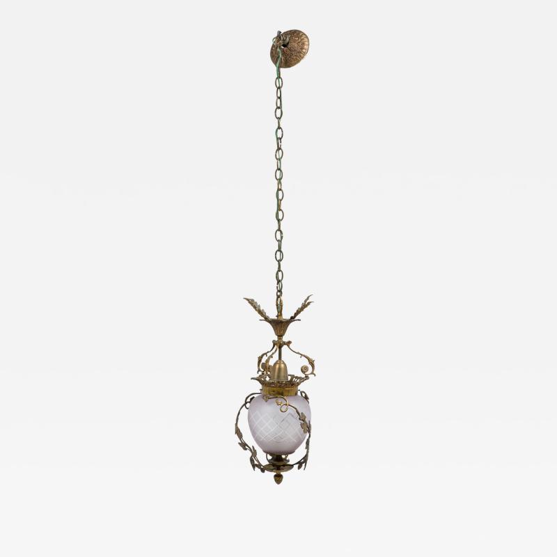 French Art Nouveau Brass Foliate and Crystal Ceiling Lantern