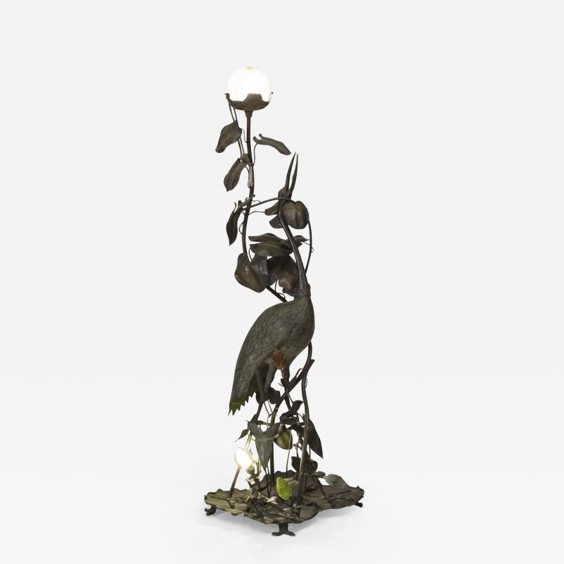 French Art Nouveau Floor Lamp of a Large Heron Figure