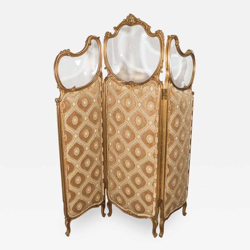 French Art Nouveau Gilt Wood Trifold Room Screen with Beveled Glass