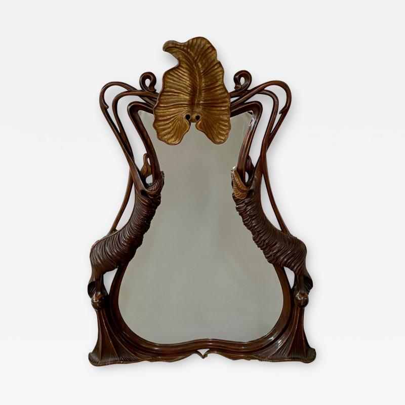French Art Nouveau Mahogany Frame Mirror in Butterfly Shape