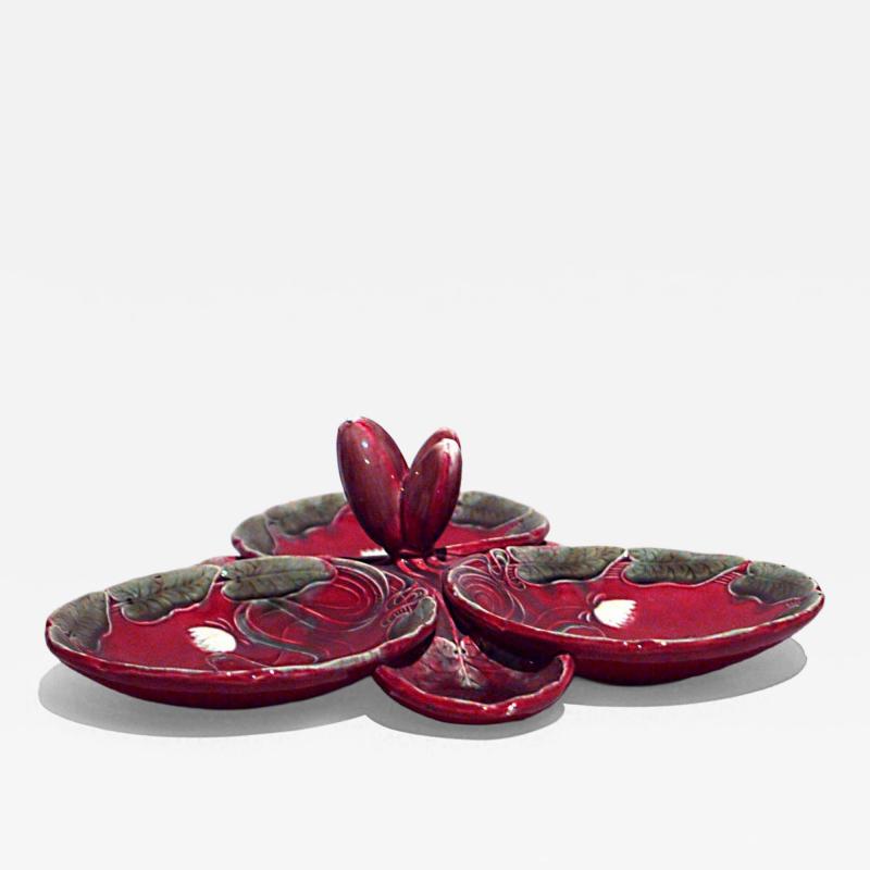 French Art Nouveau Majolica porcelain red and green centerpiece