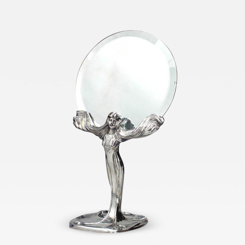 French Art Nouveau Silver Plate Lady with Round Dressing Table Mirror