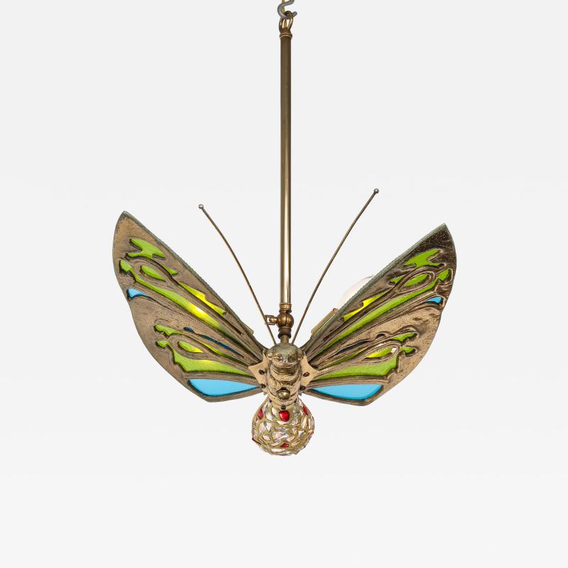 French Art Nouveau Stained Glass Butterfly Pendant