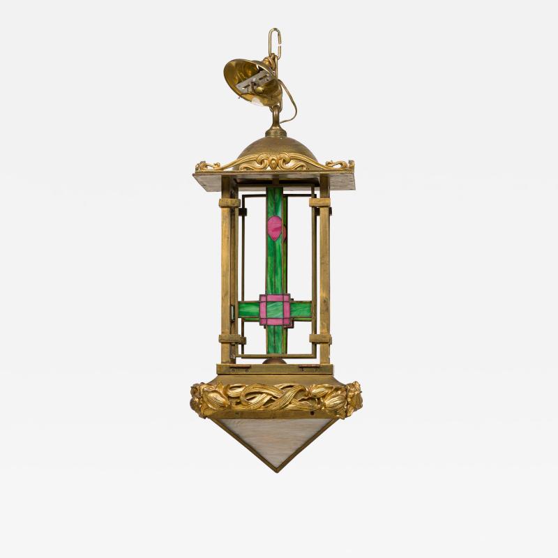 French Art Nouveau bronze dore lantern with leaded colored glass