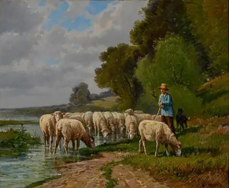 French Barbizon Painting of a Shepherd with His Herd of Sheep Late 19th Century