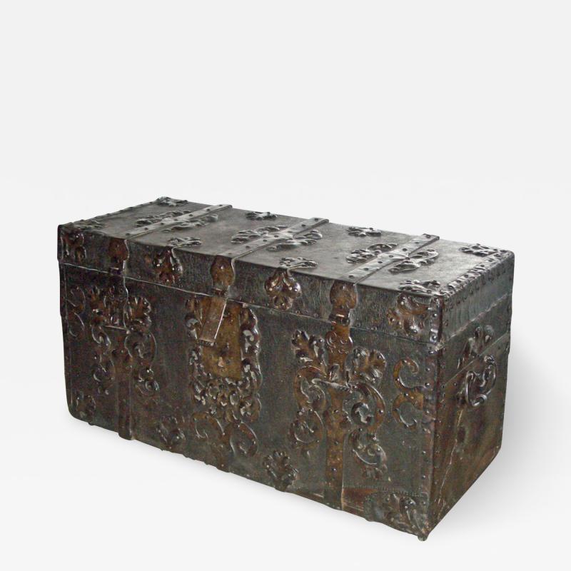 French Baroque 17th Century Iron Bound Leather Chest or Coffer