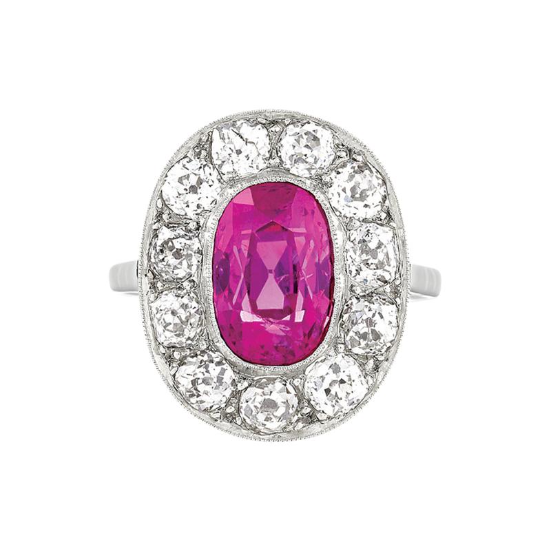 French Belle Epoque Pink Sapphire Diamond and Platinum Ring