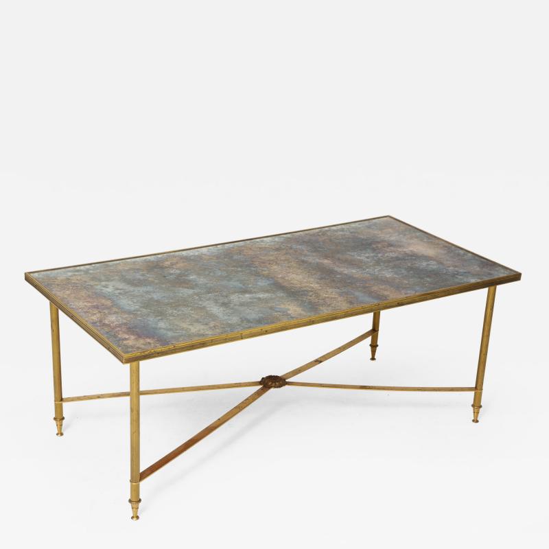 French Brass Directoire Style Coffee Table with Mirrored Top